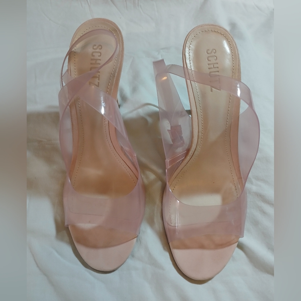 Schutz Eryka Sweet Rose Vinyl & Leather Ankle Strap High Heel Sandals Sz. 9.5B